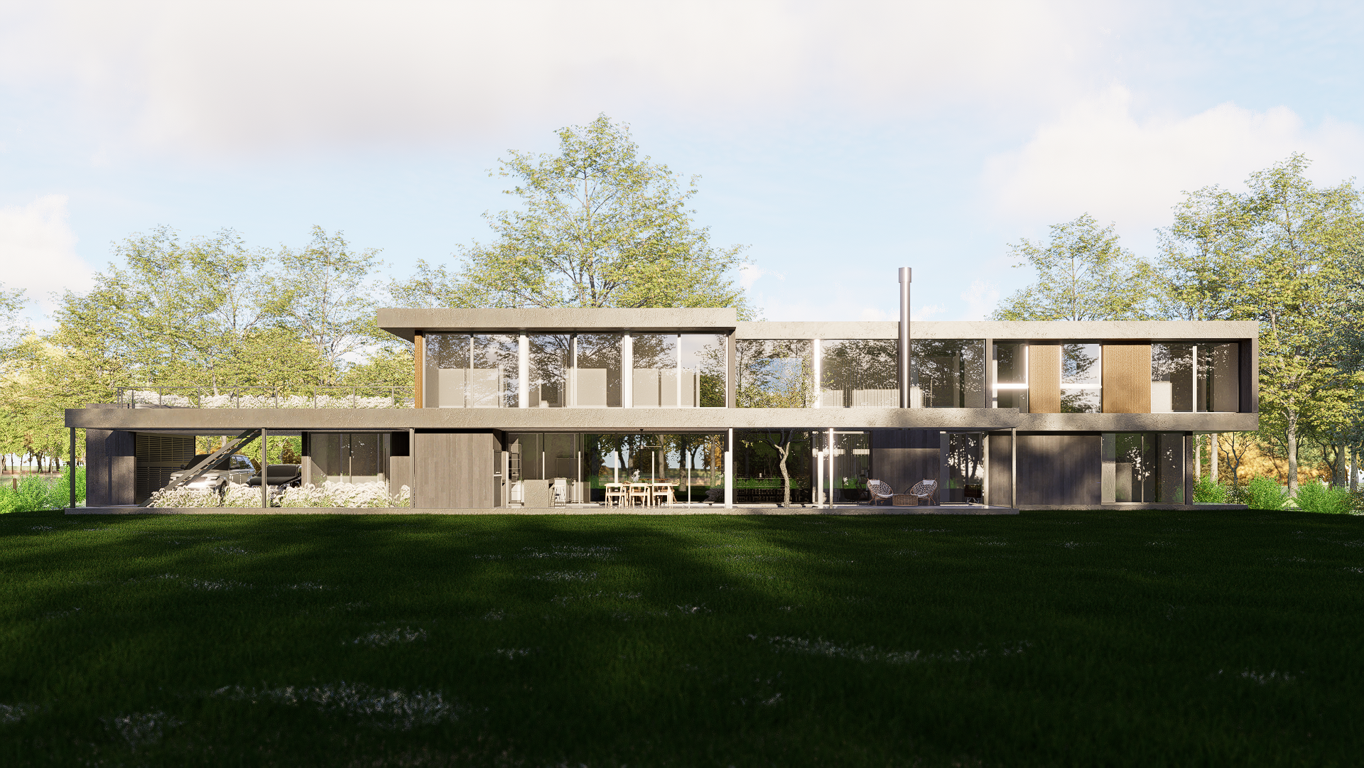 Contrafachada de Casa FSV-53 abierta hacia el jardín